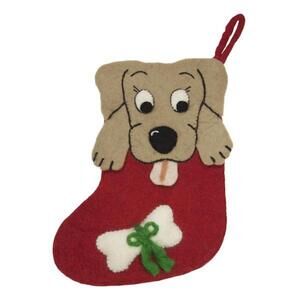 Holiday Treat Dog & Bone Holiday Stocking Felted Wool Home Decor Brown Puppy